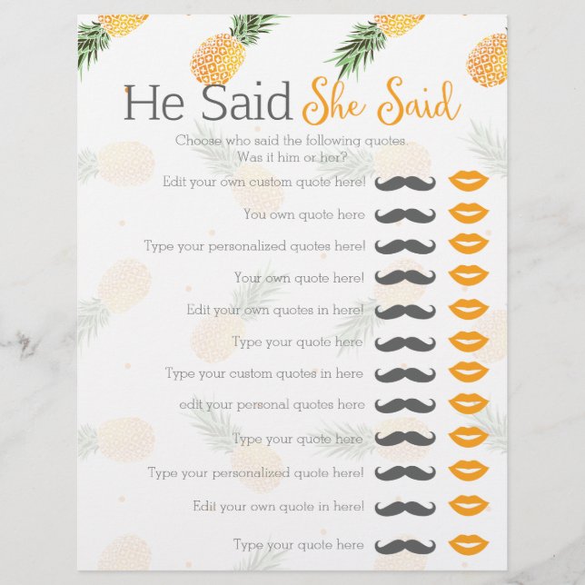 Pineapple he said she said bridal shower game (Front)