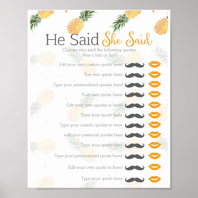Pineapple he said she said bridal shower game poster (Front)
