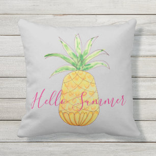 Pineapple Hello Summer Grey Yellow Watercolor Cushion
