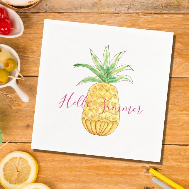 Pineapple Hello Summer Yellow Pink Watercolor Napkin (Creator Uploaded)