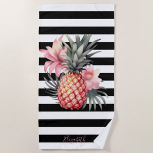 Pineapple Hibiscus , Black White Stripes Beach Towel