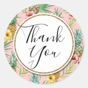 Pineapple & Hibiscus Flowers Tropical Thank You Classic Round Sticker