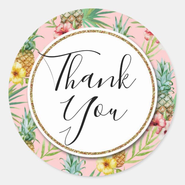 Pineapple & Hibiscus Flowers Tropical Thank You Classic Round Sticker (Front)