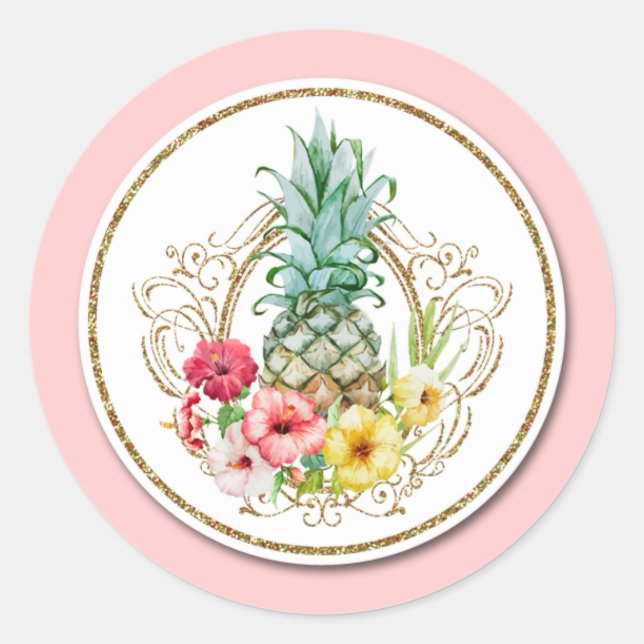 Pineapple & Hibiscus Flowers Watercolor Tropical Classic Round Sticker (Front)