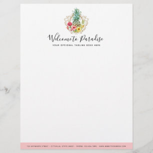 Pineapple & Hibiscus Flowers Watercolor Tropical Custom Letterhead