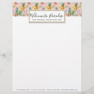 Pineapple & Hibiscus Flowers Watercolor Tropical Custom Letterhead