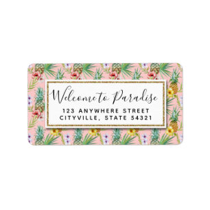 Pineapple & Hibiscus Flowers Watercolor Tropical Label