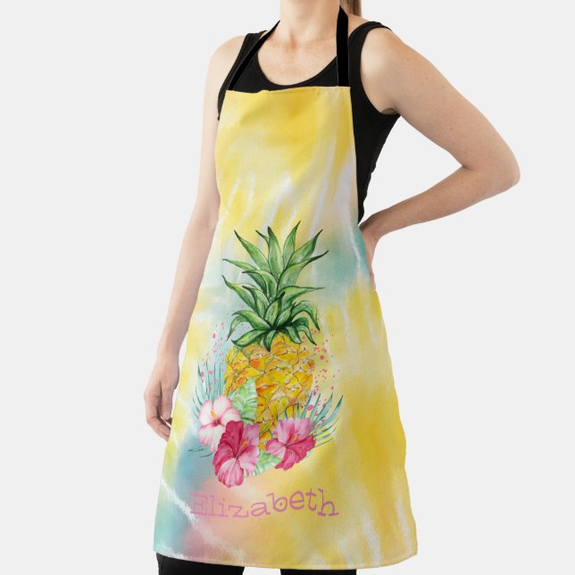  Pineapple,Hibiscus Watercolor Rainbow Tie Dye   Apron (Insitu)