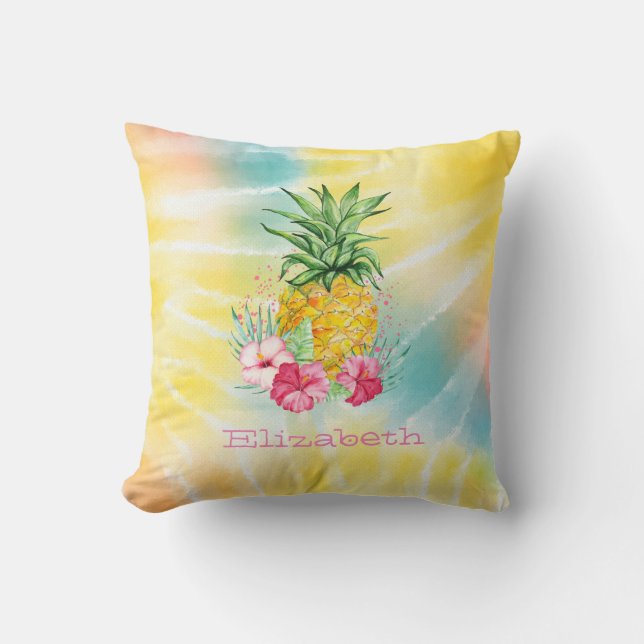  Pineapple,Hibiscus Watercolor Rainbow Tie Dye   Cushion (Front)