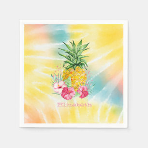  Pineapple,Hibiscus Watercolor Rainbow Tie Dye  Napkin