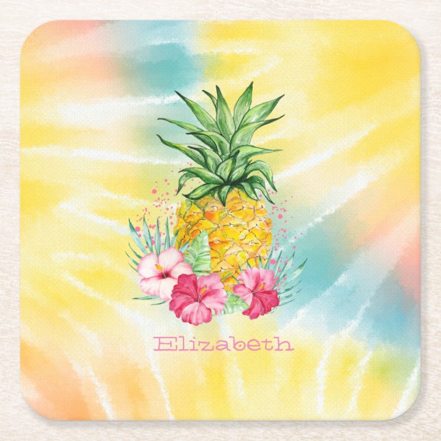  Pineapple,Hibiscus Watercolor Rainbow Tie Dye  Square Paper Coaster (Front)