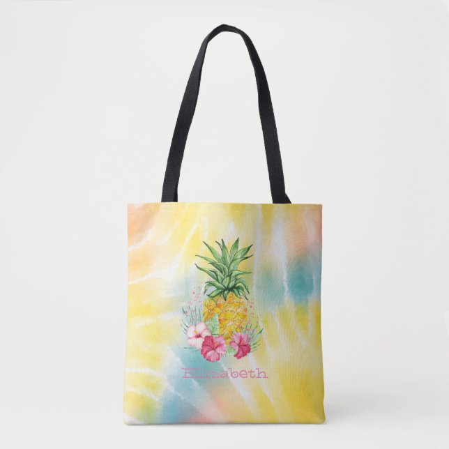  Pineapple,Hibiscus Watercolor Rainbow Tie Dye Tote Bag (Front)