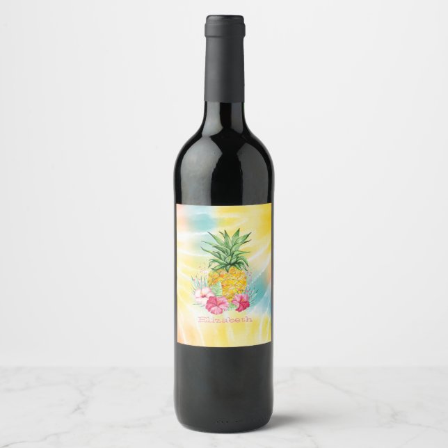  Pineapple,Hibiscus Watercolor Rainbow Tie Dye  Wine Label (Front)
