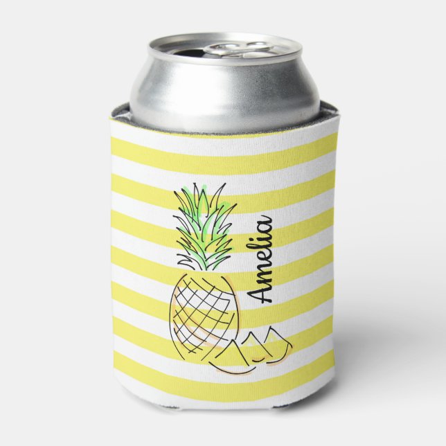 Pineapple Illustration Yellow Stripes Summer Can Cooler (Can Front)