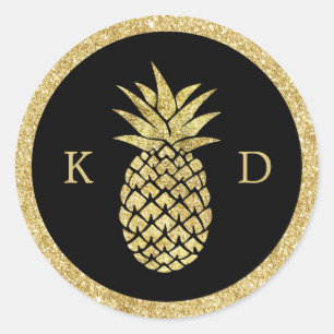 Pineapple Initials Tropical Wedding Gold Glitter Classic Round Sticker