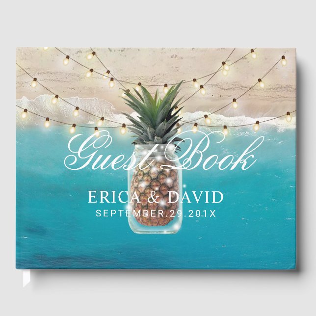 Pineapple Jar String Lights Tropical Beach Wedding Guest Book (Front)