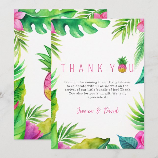 Pineapple Jungle Pacifiers Pink Girl Baby Shower Thank You Card (Front/Back)
