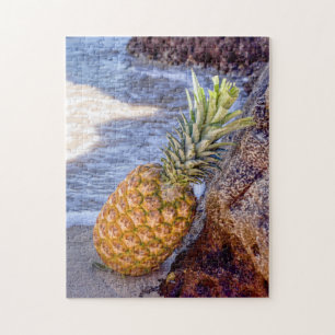 Pineapple Leaning on Rocks at the Beach Jigsaw Puzzle