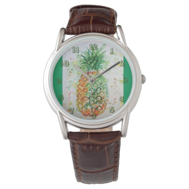 Pineapple Lime Tropical Fruit Watercolor Art Green Watch (Front)