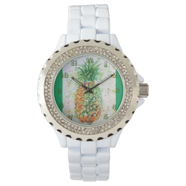 Pineapple Lime Tropical Fruit Watercolor Art Green Watch (Front)