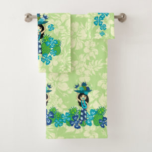 Pineapple Luau Hawaiian Hula Girl Coordinate- Lime Bath Towel Set