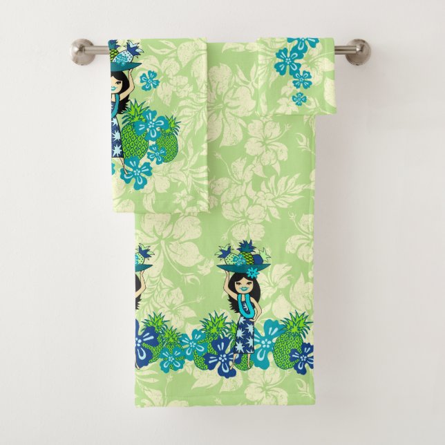 Pineapple Luau Hawaiian Hula Girl Coordinate- Lime Bath Towel Set (Insitu)