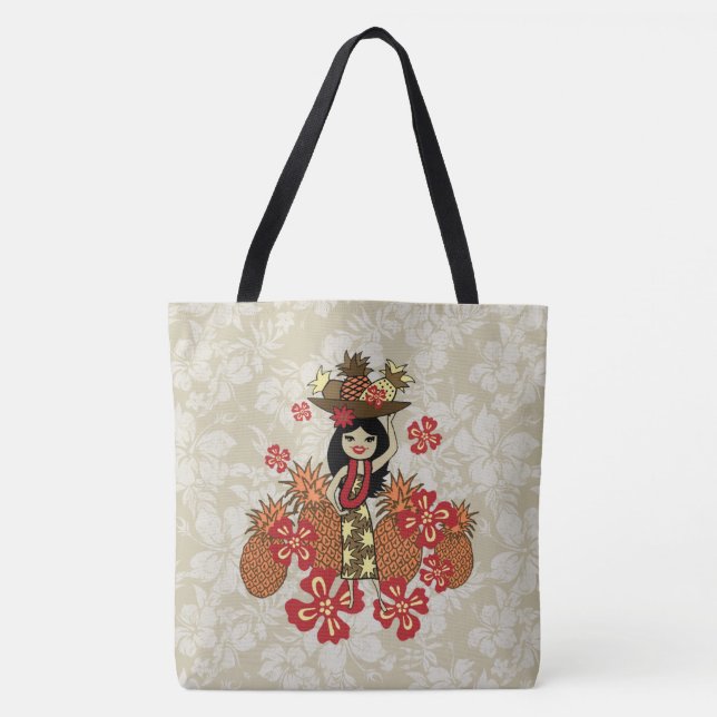 Pineapple Luau Hawaiian Hula Girl Floral Beach Bag (Front)