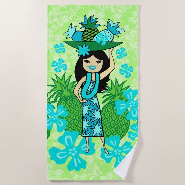 Pineapple Luau Hawaiian Hula Girl Lime Green Beach Towel (Front)