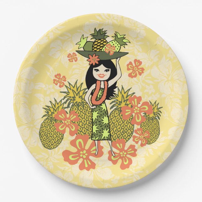 Pineapple Luau Hawaiian Hula Girl Paper Plate (Front)