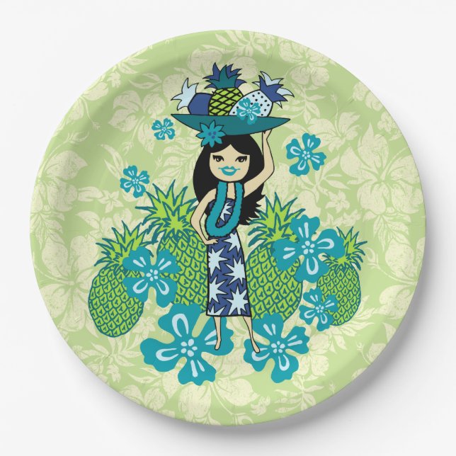 Pineapple Luau Hawaiian Hula Girl Paper Plate (Front)
