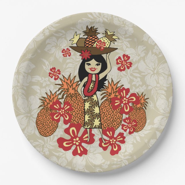 Pineapple Luau Hawaiian Hula Girl Paper Plate (Front)