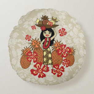 Pineapple Luau Hawaiian Hula Girl Reversible Round Cushion
