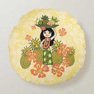 Pineapple Luau Hawaiian Hula Girl Reversible Round Cushion