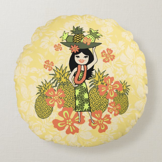 Pineapple Luau Hawaiian Hula Girl Reversible Round Cushion (Front)