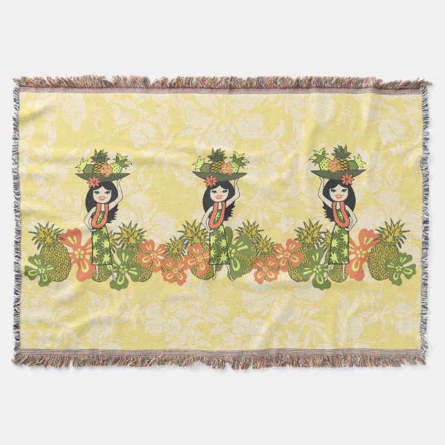 Pineapple Luau Hawaiian Hula Girl Throw Blankets (Front)