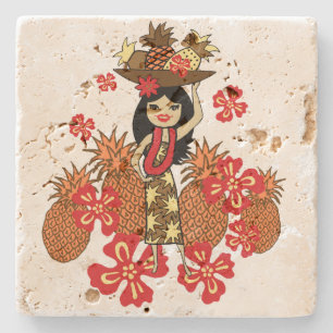 Pineapple Luau Hawaiian Hula Girl Tiki Bar Coaster