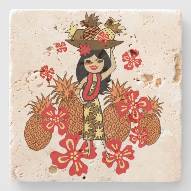 Pineapple Luau Hawaiian Hula Girl Tiki Bar Coaster (Front)