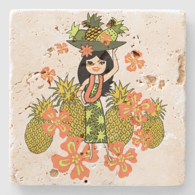 Pineapple Luau Hawaiian Hula Girl Tiki Bar Coaster (Front)