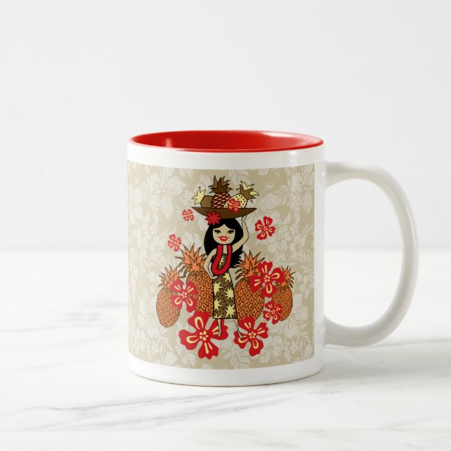 Pineapple Luau Hawaiian Hula Girl Two-Tone Coffee Mug (Right)
