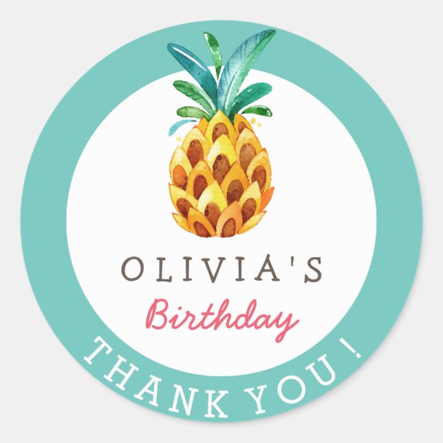 Pineapple Luau Tropical Birthday Thank You Sticker (Front)