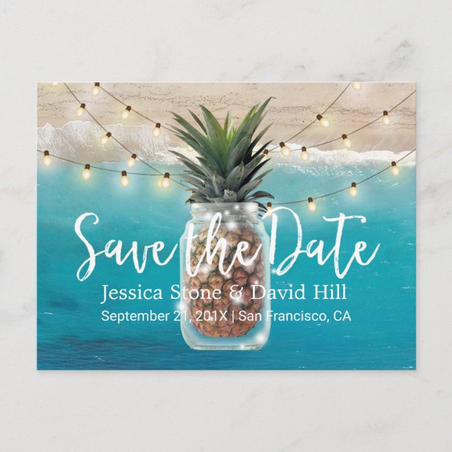 Pineapple Mason Jar Beach Wedding Save the Date Announcement Postcard (Front)