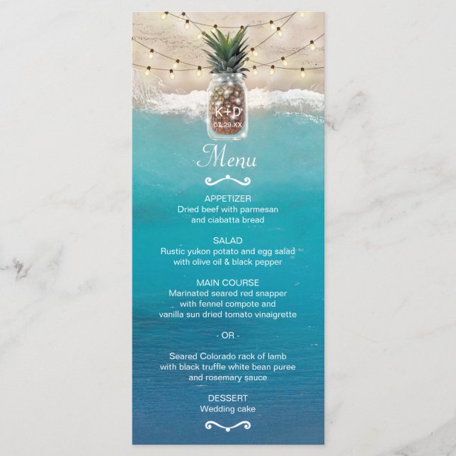 Pineapple Mason Jar Tropical Beach Wedding Menu (Front)