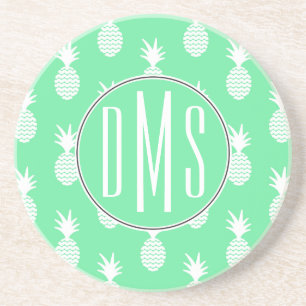 Pineapple Mint Pattern Monogram Coaster