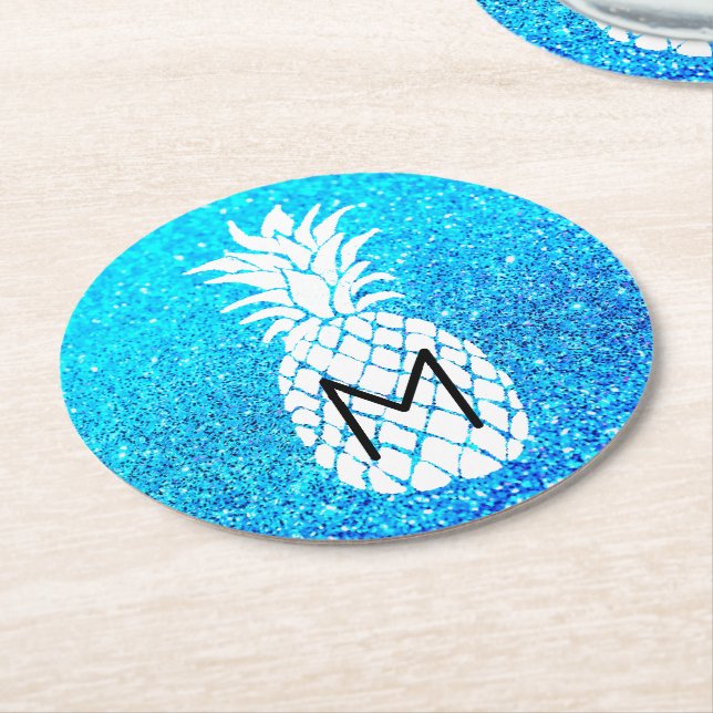 pineapple monogram on faux blue glitter round paper coaster (Angled)
