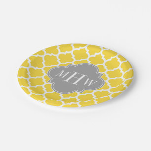 Pineapple Moroccan #5 Dk Grey 3 Initial Monogram Paper Plate