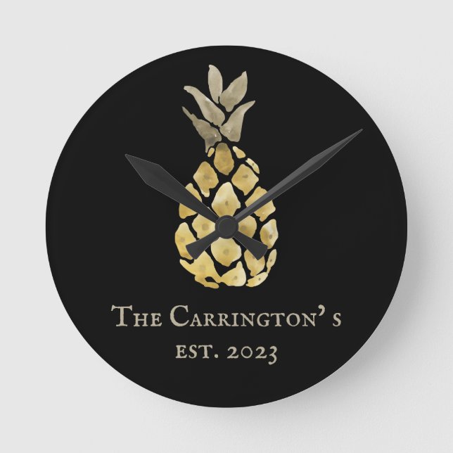Pineapple Name Watercolor Stencil Round Clock (Front)
