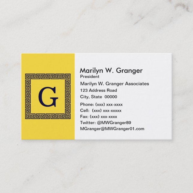 Pineapple, Navy Blue Greek Key #1 Framed Monogram Business Card (Front)