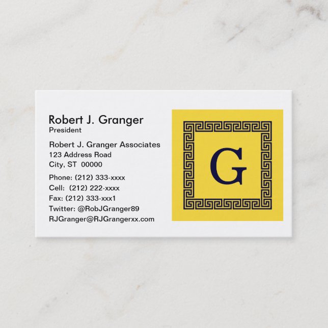 Pineapple, Navy Blue Greek Key #1 Framed Monogram Business Card (Front)