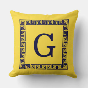 Pineapple, Navy Blue Greek Key #1 Framed Monogram Cushion