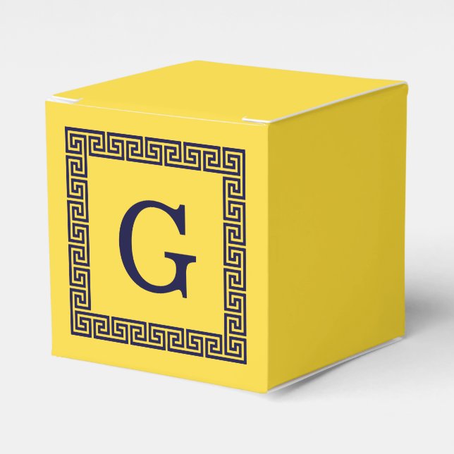 Pineapple, Navy Blue Greek Key #1 Framed Monogram Favour Box (Front Side)